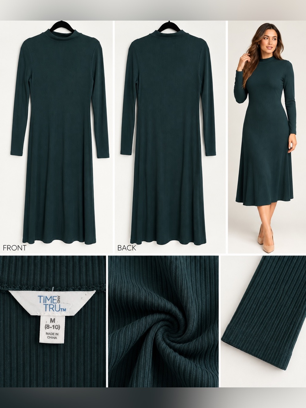 Dark Green Ribbed Fall Midi Dress Long Sleeve Time and Tru M 8-10